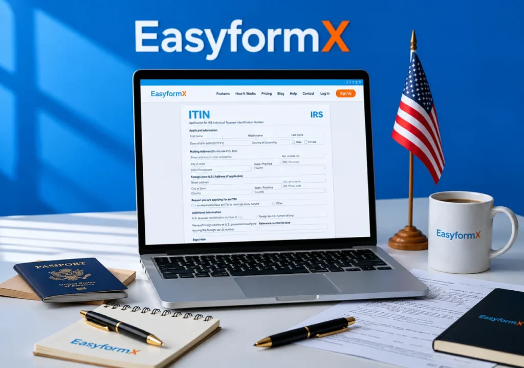 EasyformX-branded workspace with a laptop displaying an ITIN application form, an American flag, passport, documents, notebook, and coffee mug on a modern desk.
